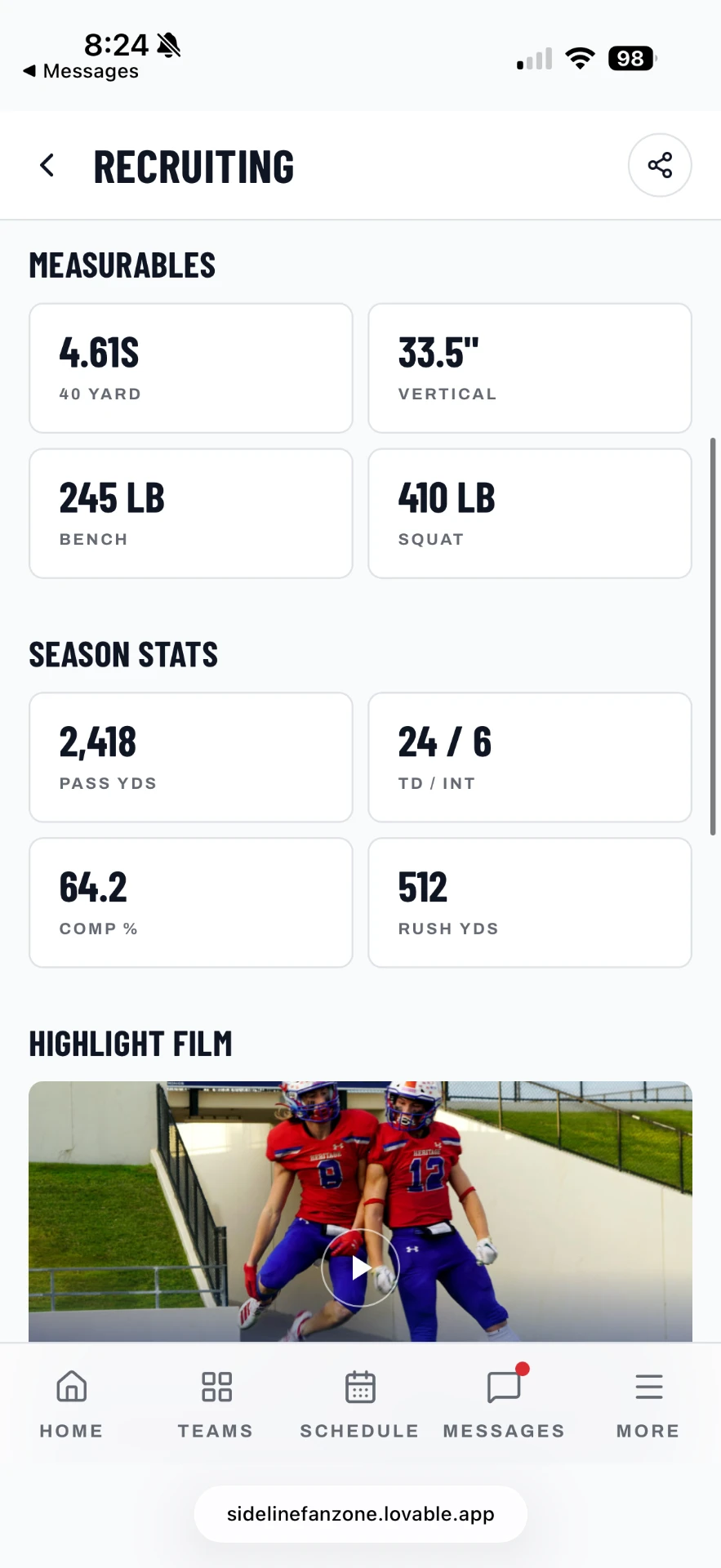Fanzone recruiting profile measurables, season stats and highlight film for a high school quarterback