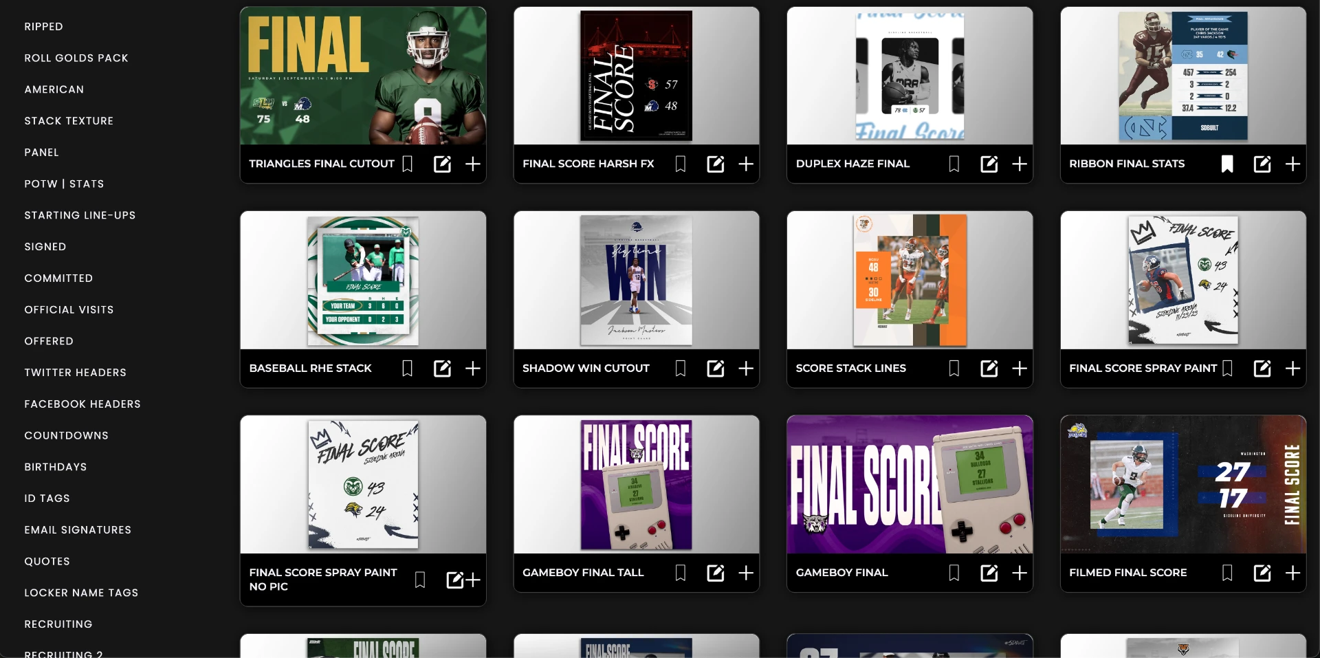Sideline Design template library showing categorized sports graphics