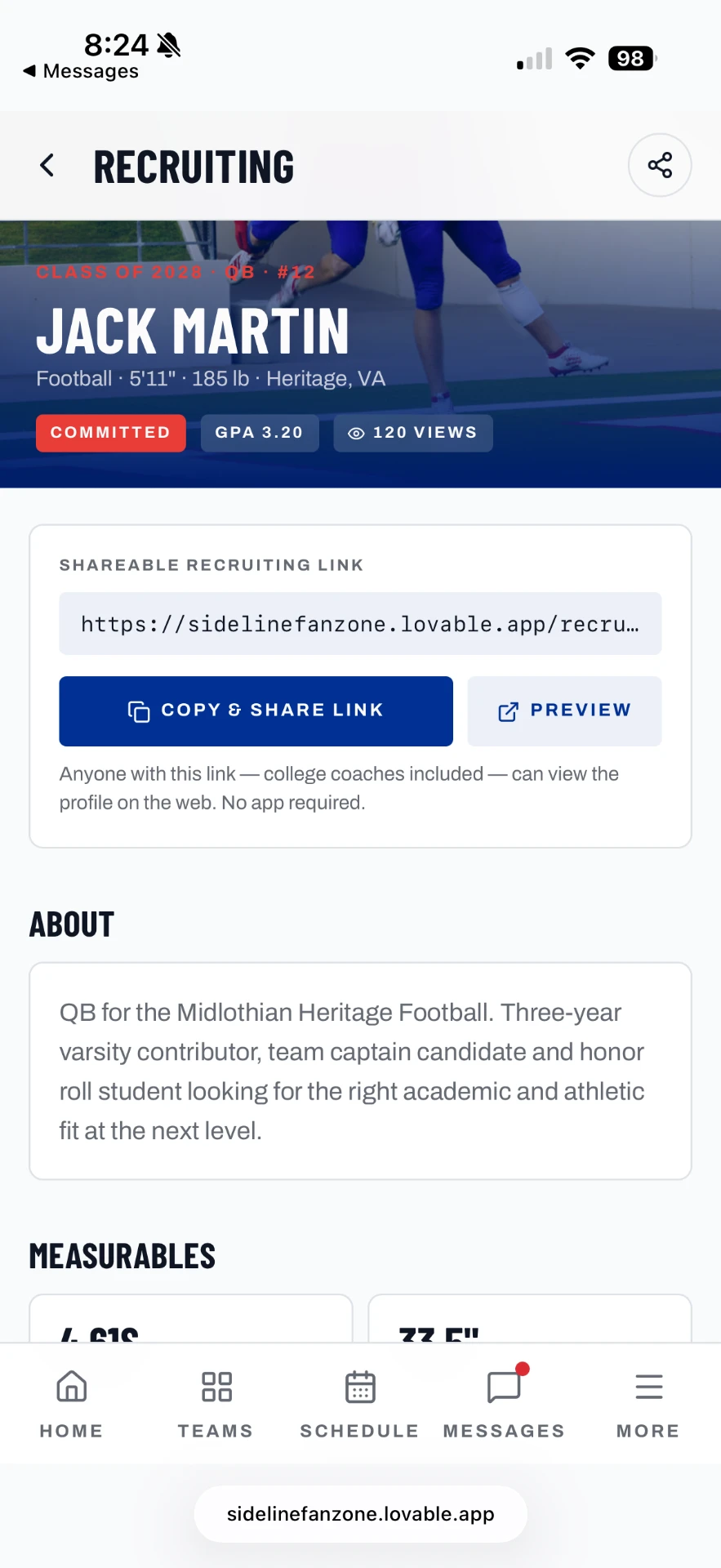 Fanzone athlete recruiting profile with a shareable recruiting link, committed status, GPA and about section