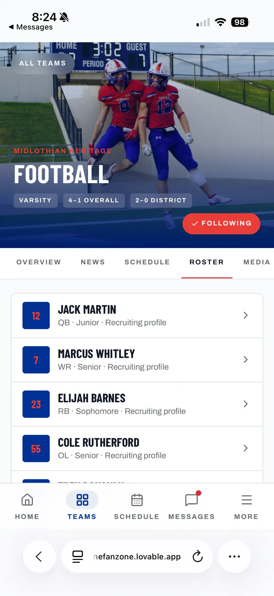 Fanzone team roster screen listing athletes with position, class and a link to each recruiting profile