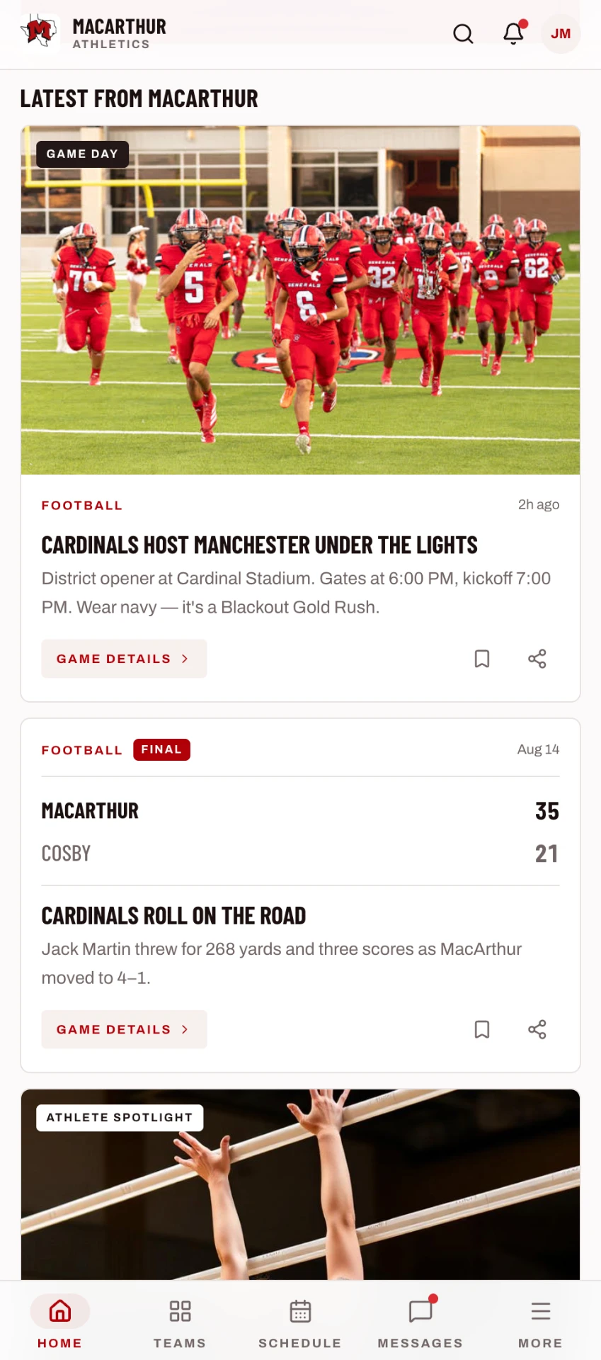 Sideline Fanzone mobile app news feed showing a Game Day story and a recent final score