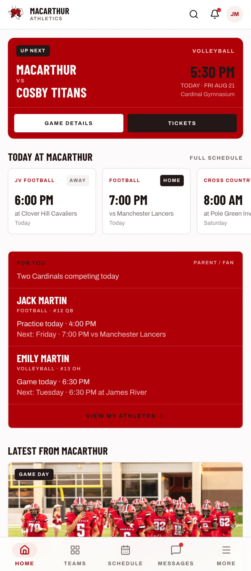 Sideline Fanzone mobile app home screen with Up Next game, today's schedule and My Athletes cards