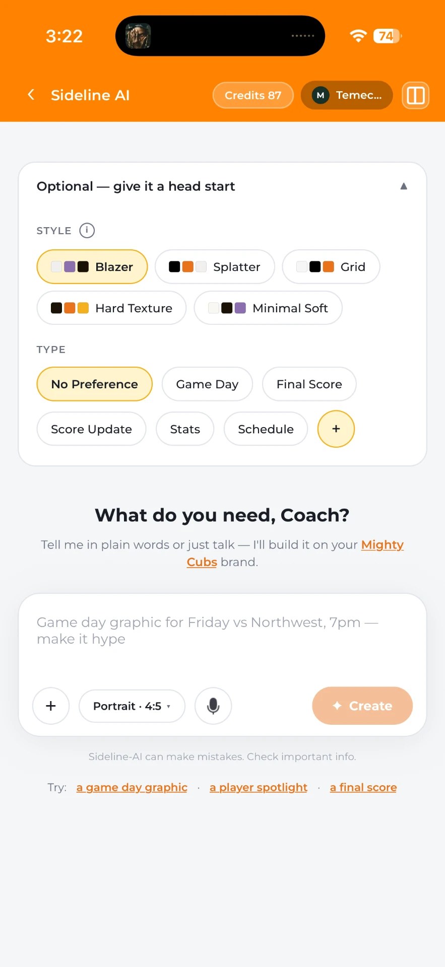 Sideline AI prompt screen asking what the coach needs, with brand style and graphic type options