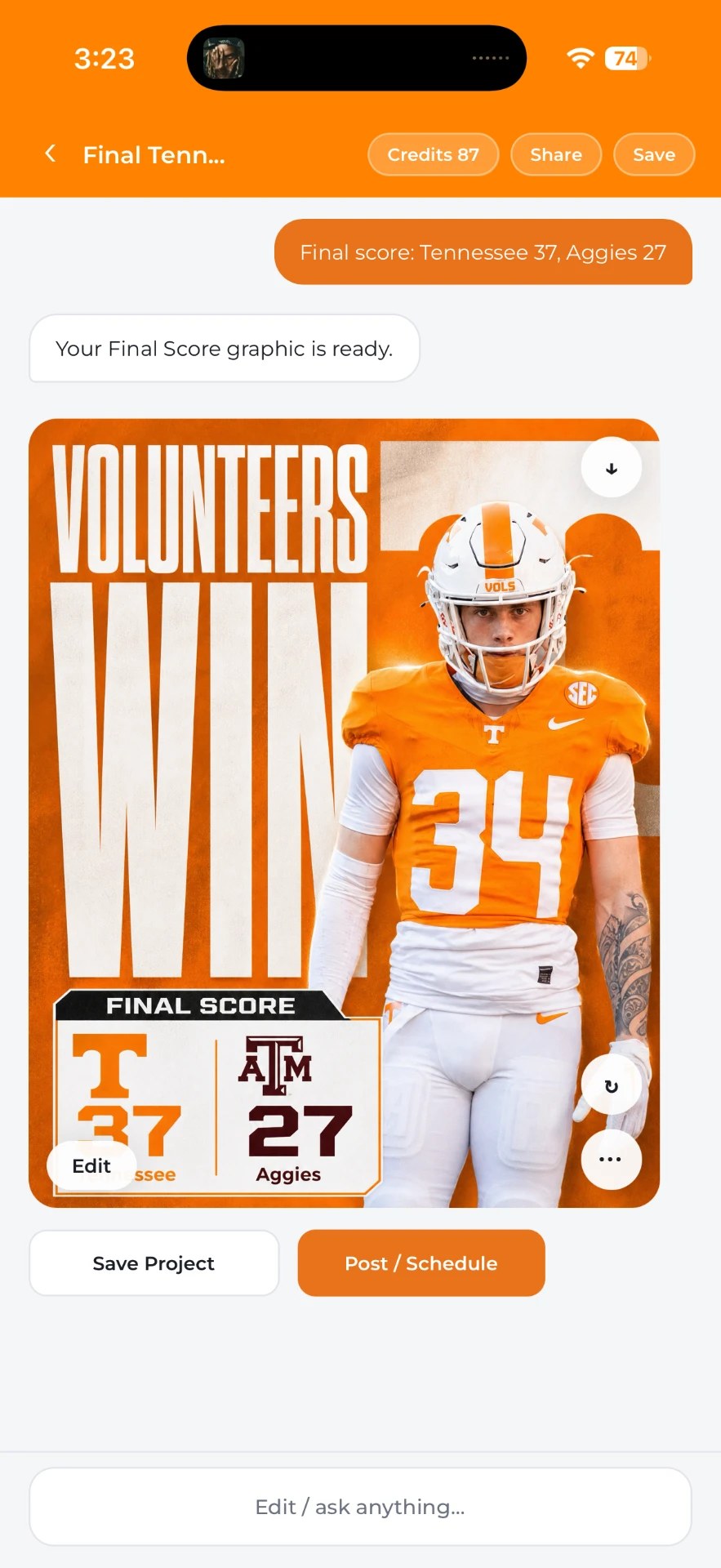 Sideline AI final score graphic result screen with a generated Volunteers Win gameday graphic