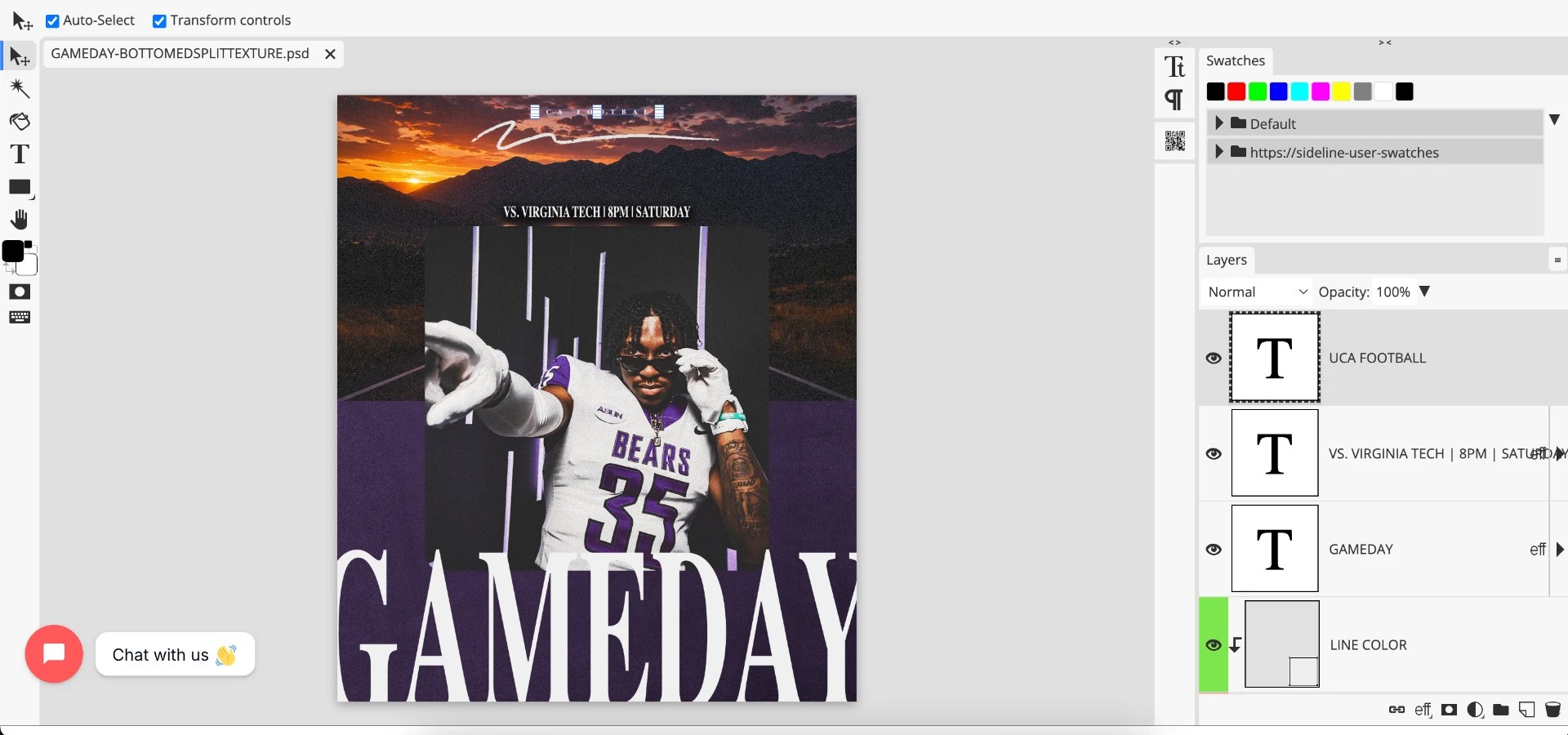 Sideline Design editor with a gameday PSD template open, brand swatches and text layers panel