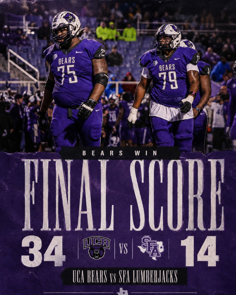 Bears Win final score graphic, UCA 34 vs SFA 14