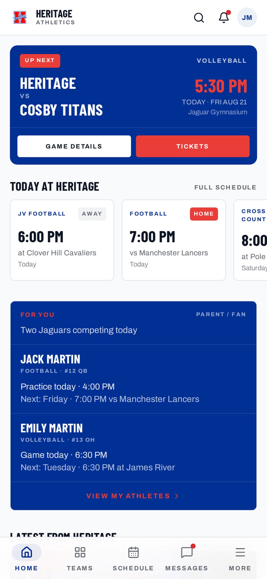 Sideline Fanzone mobile app home screen showing up-next game, today's schedule and My Athletes