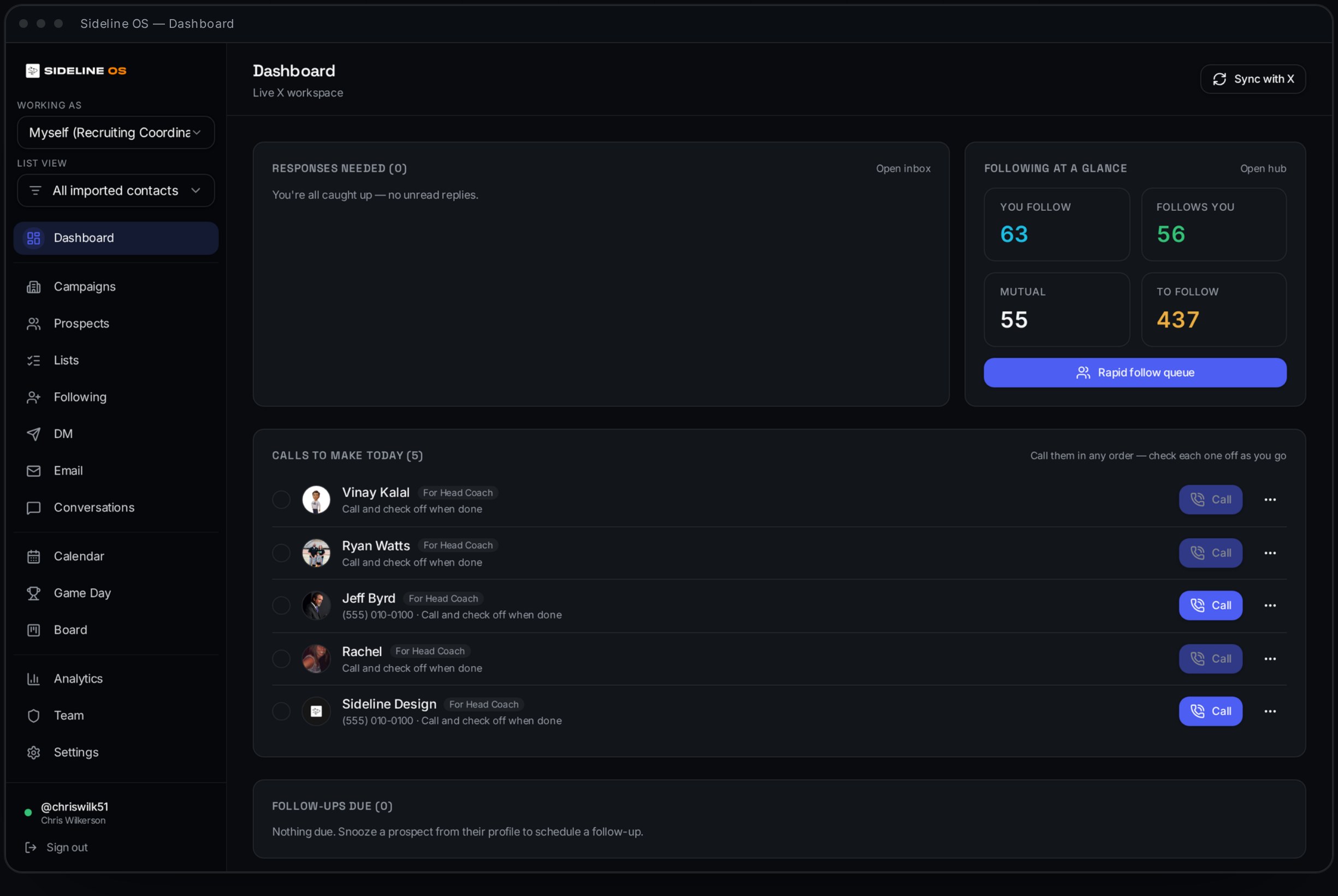 Sideline OS dashboard showing recruiting prospects, responses needed, X following stats and calls to make today