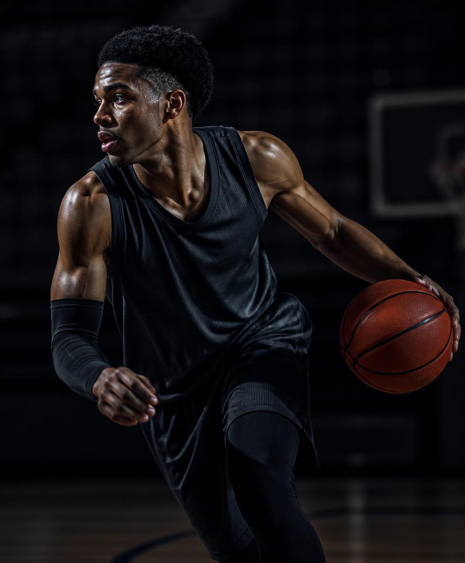 College basketball player driving to the basket in a dim arena