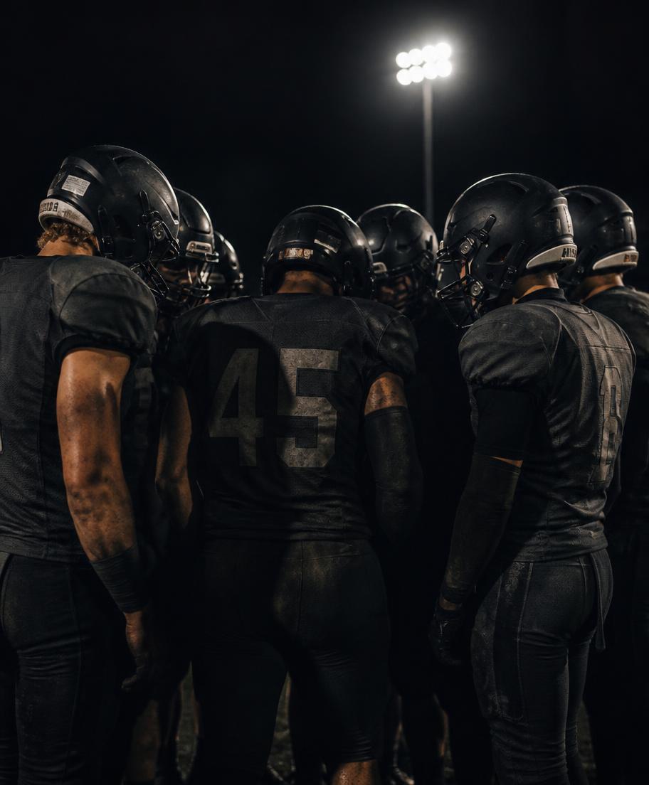 High school football team huddled together under stadium lights