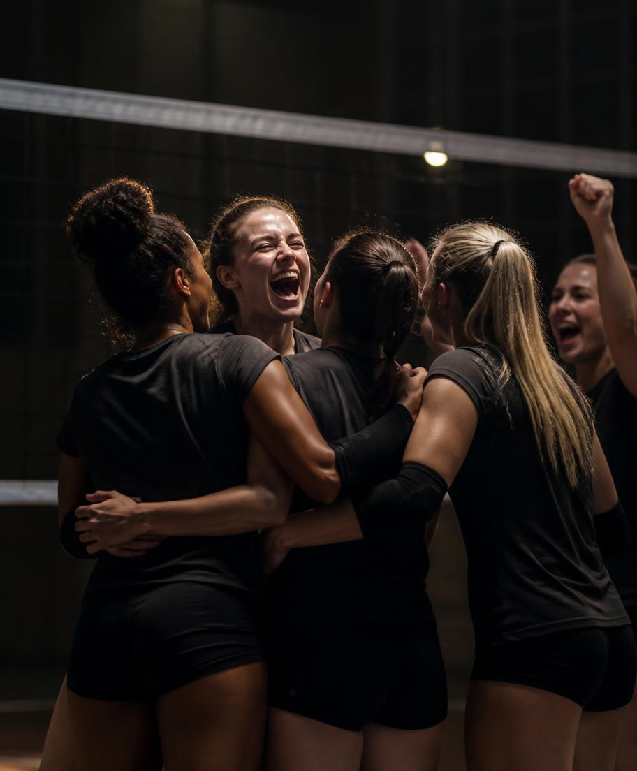 Volleyball team celebrating together on the court