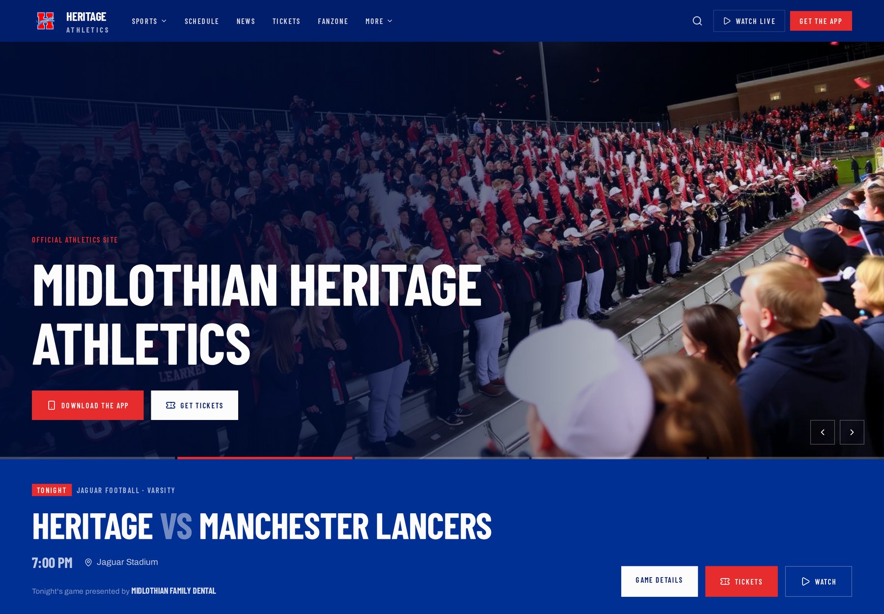 Sideline Fanzone athletics website homepage with school branding, hero photography and tonight's game bar